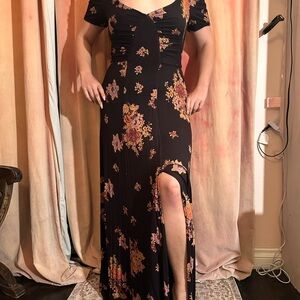 Free People Black Maxi Dress with Pink & Orange Floral Print
